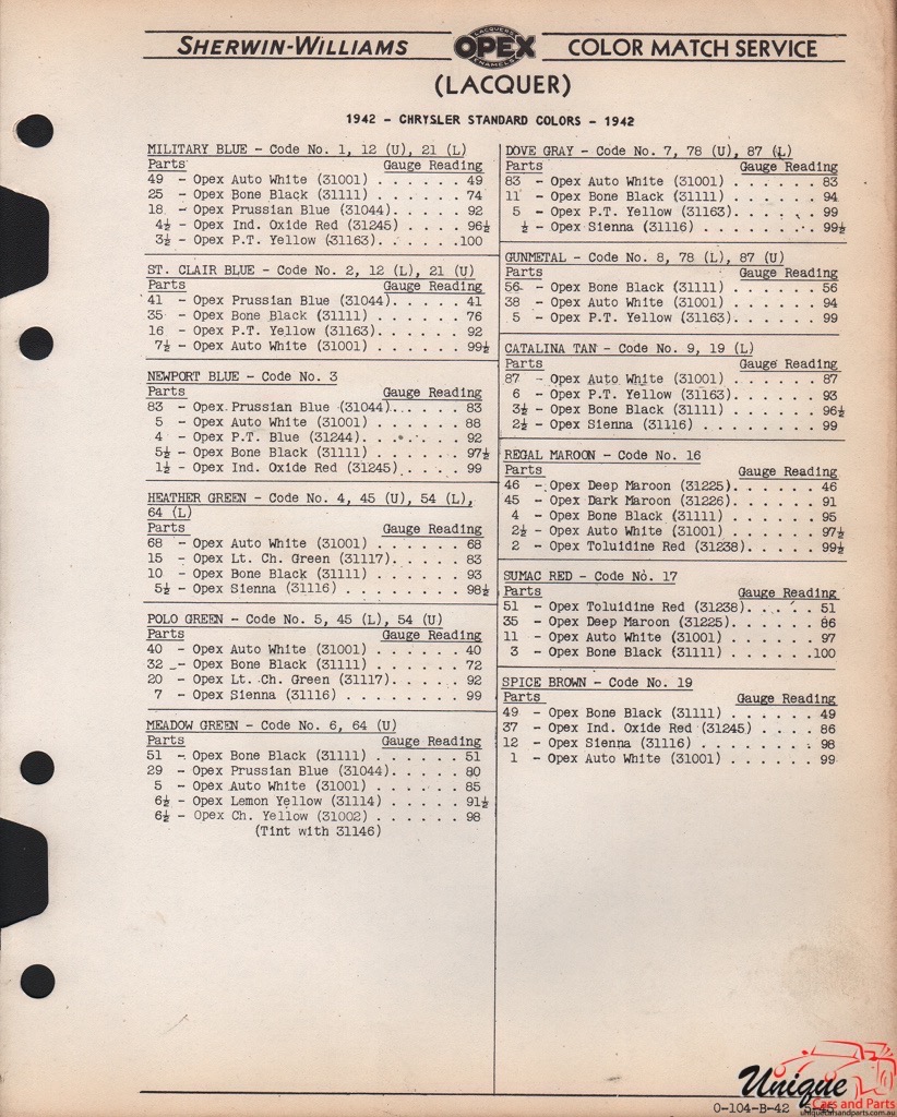 1942 Chrysler Paint Charts Williams 3